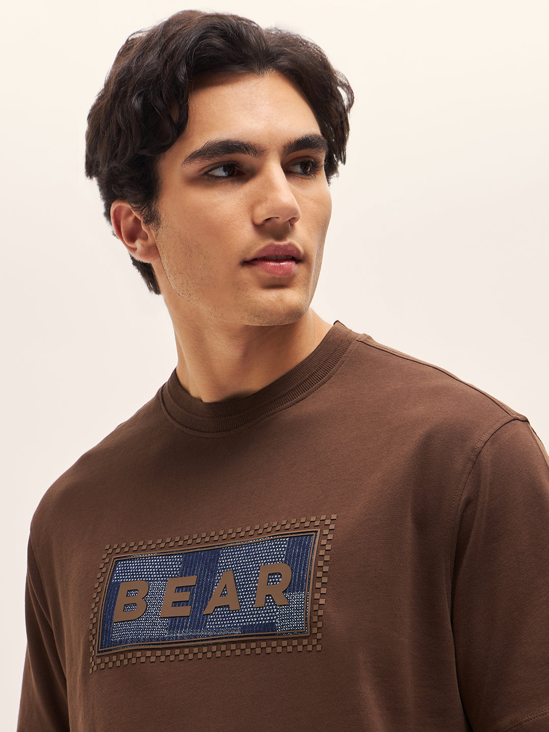 Men Brown 3D graphic Design Crew Neck Oversize T-Shirt