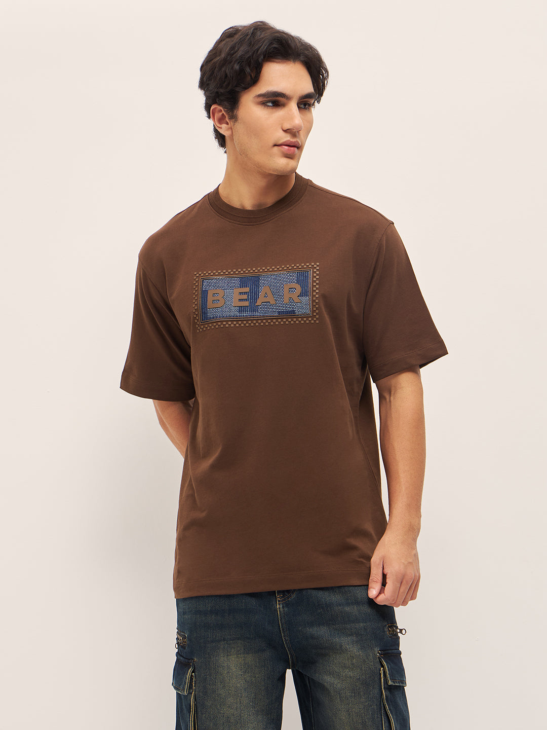 Men Brown 3D graphic Design Crew Neck Oversize T-Shirt