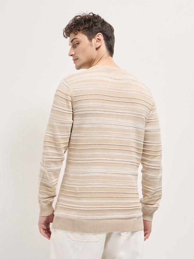 Men Beige Self-striped textured Slim Fit Ribbed Crew Neck T-shirt