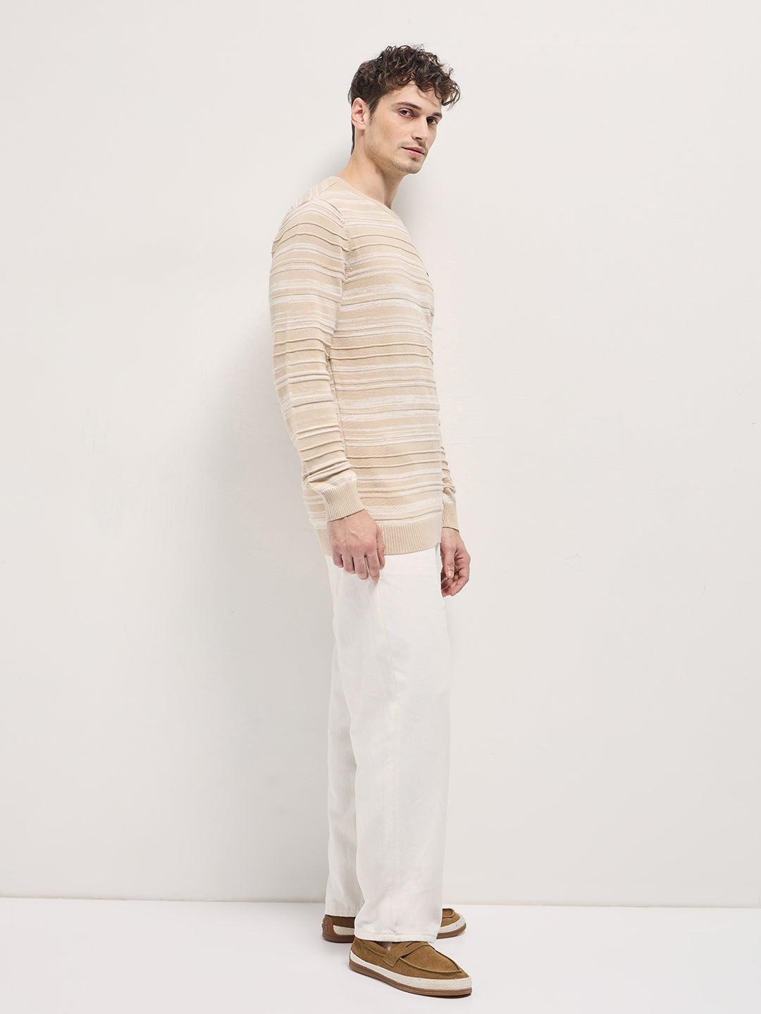 Men Beige Self-striped textured Slim Fit Ribbed Crew Neck T-shirt