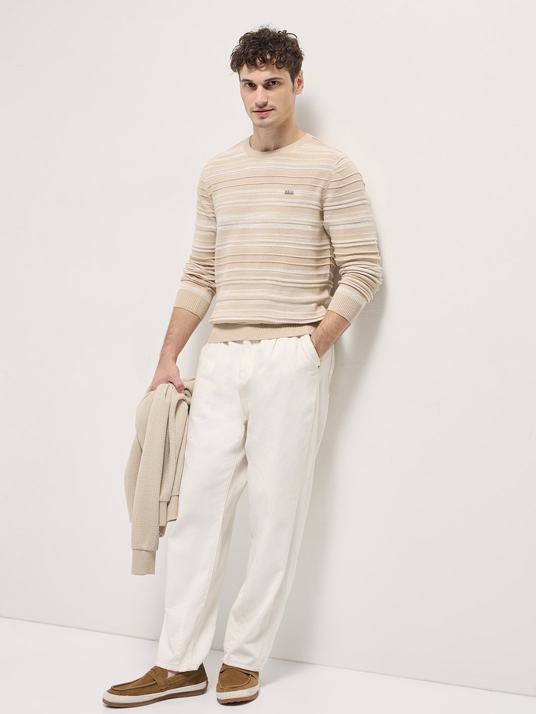 Men Beige Self-striped textured Slim Fit Ribbed Crew Neck T-shirt
