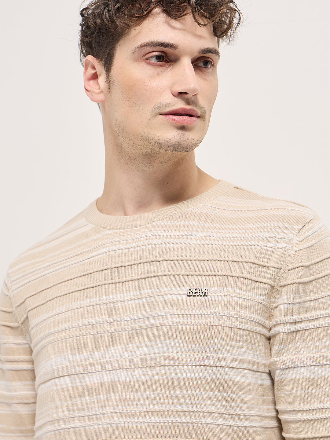 Men Beige Self-striped textured Slim Fit Ribbed Crew Neck T-shirt
