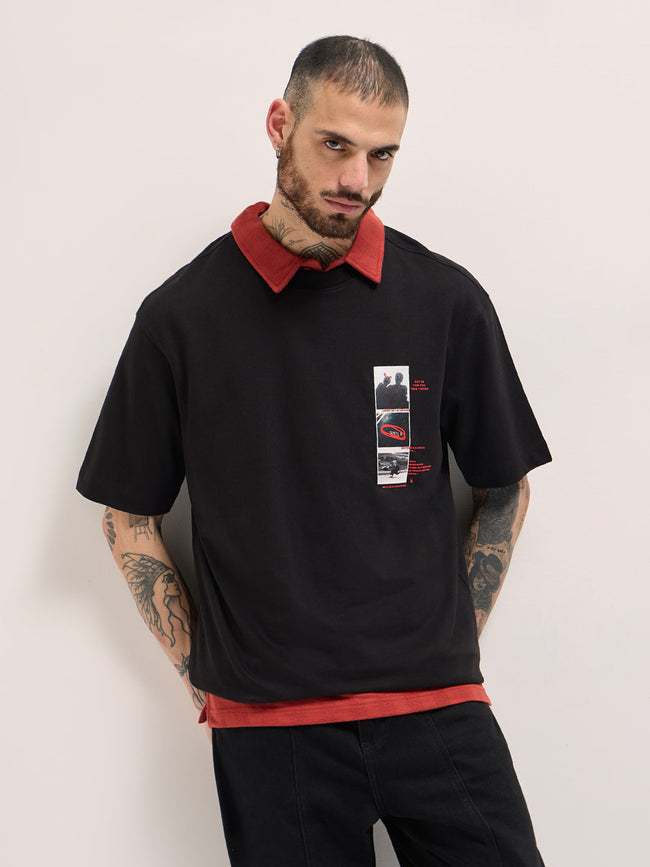 Men Black Oversize Panel-style graphic Prints Crew Neck T-shirt