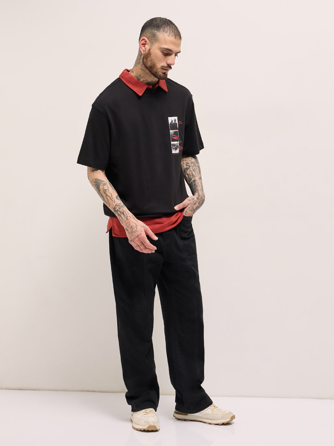 Men Black Oversize Panel-style graphic Prints Crew Neck T-shirt