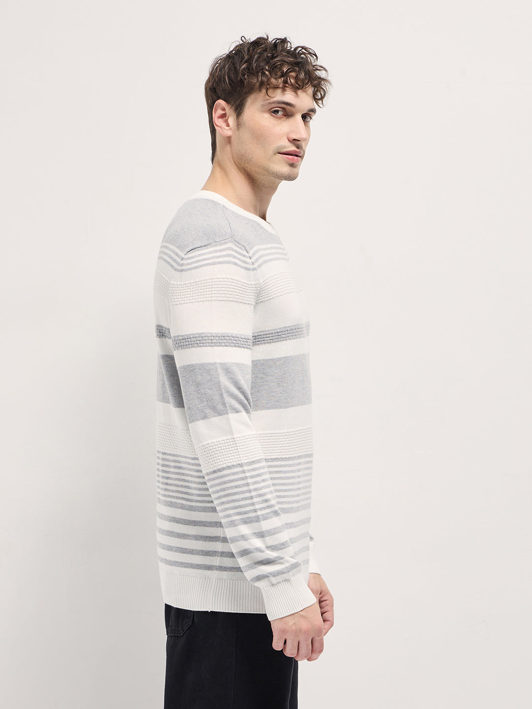 Men Striped Ribbed Crew Neck T-shirt