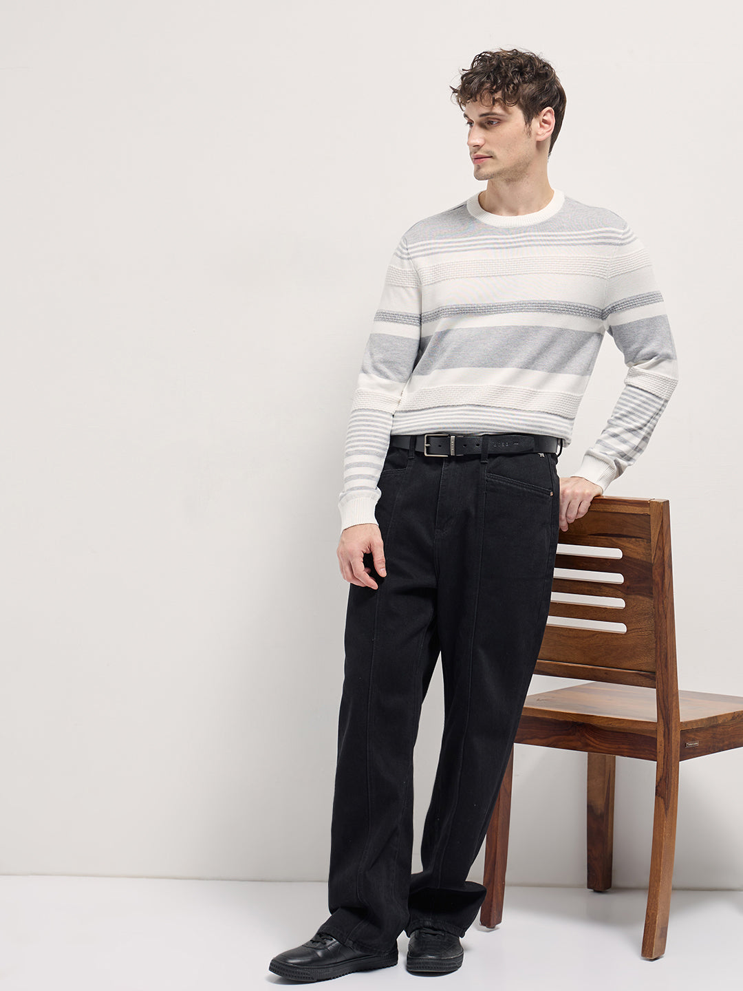 Men Striped Ribbed Crew Neck T-shirt