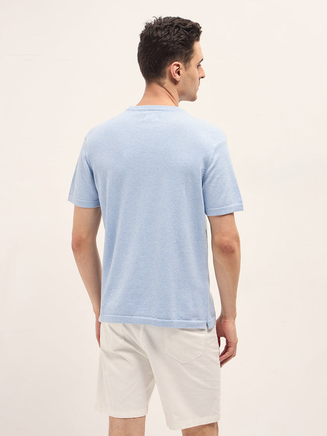 Men Light Blue Solid Regular Fit Ribbed Crew Neck T-shirt