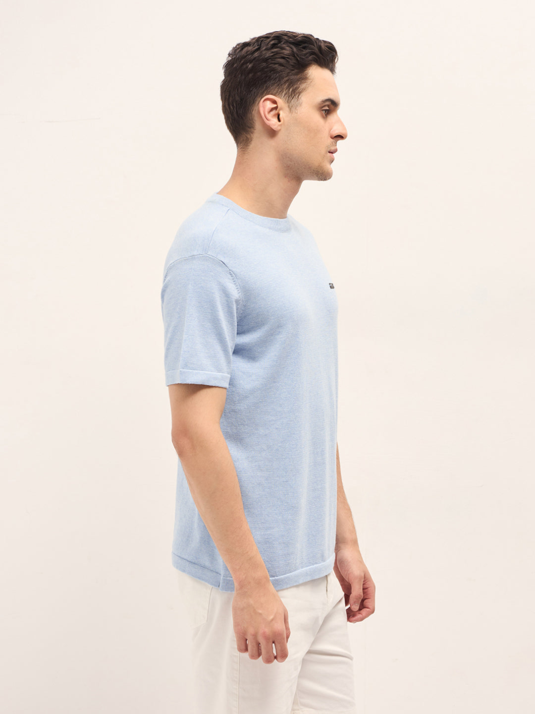 Men Light Blue Solid Regular Fit Ribbed Crew Neck T-shirt