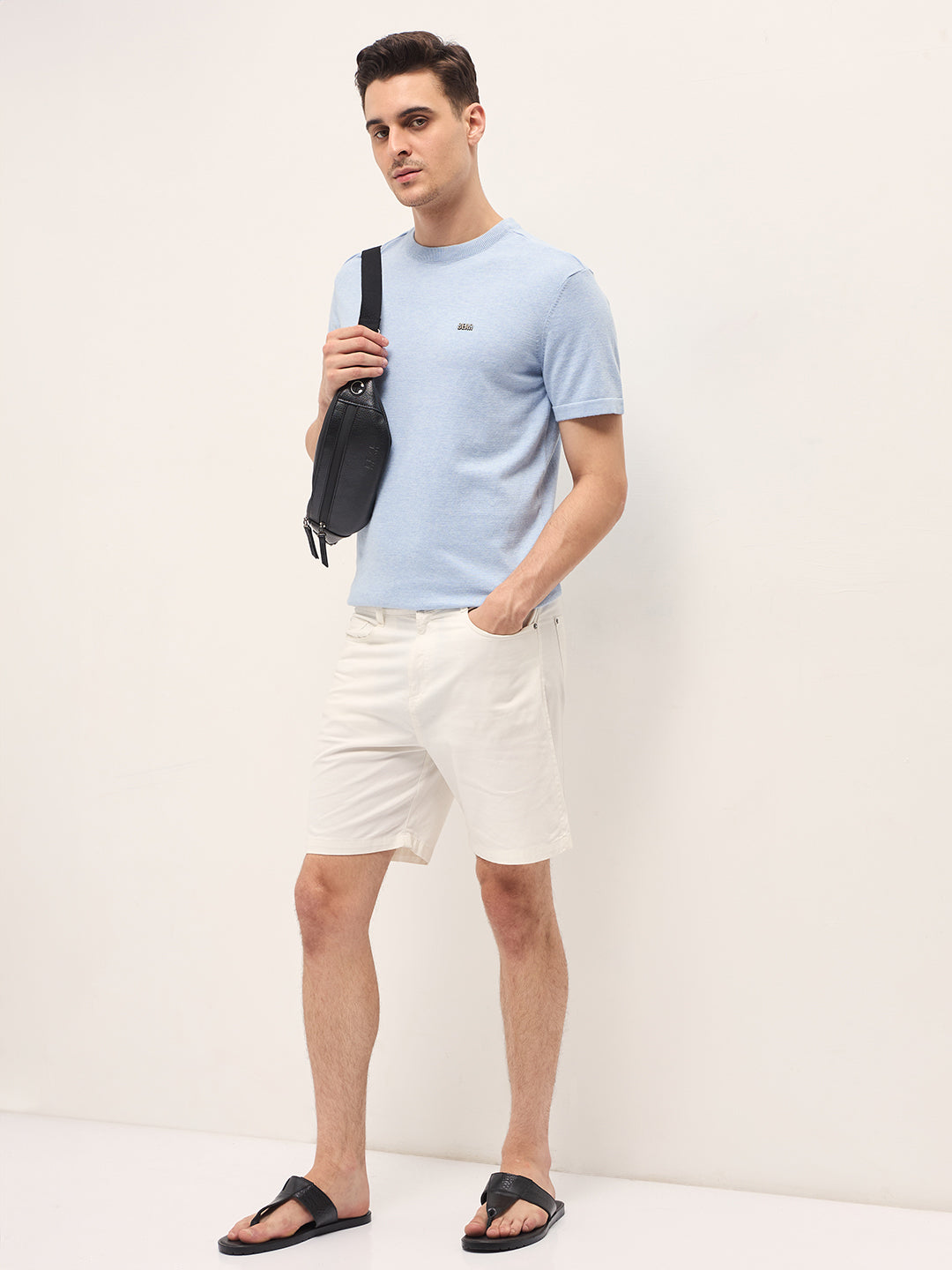 Men Light Blue Solid Regular Fit Ribbed Crew Neck T-shirt