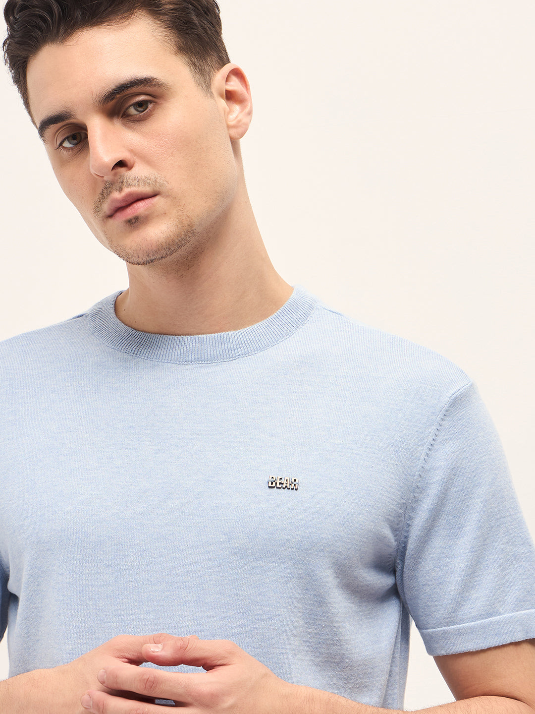 Men Light Blue Solid Regular Fit Ribbed Crew Neck T-shirt