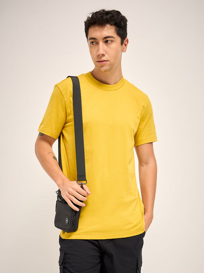 Men Yellow Solid Crew Neck Regular Fit T-Shirt