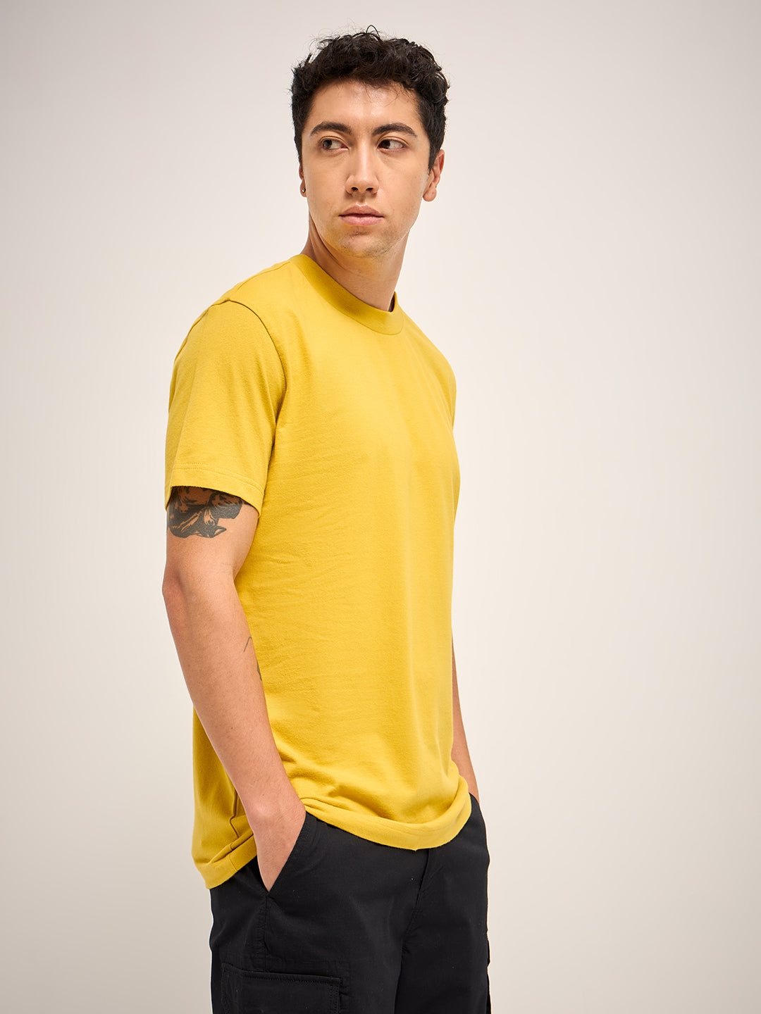 Men Yellow Solid Crew Neck Regular Fit T-Shirt