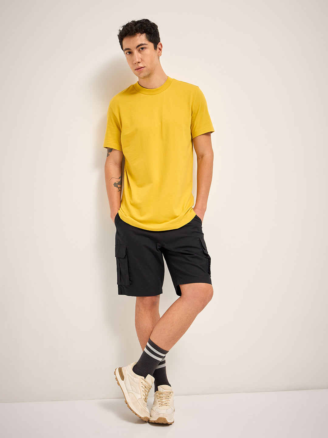 Men Yellow Solid Crew Neck Regular Fit T-Shirt