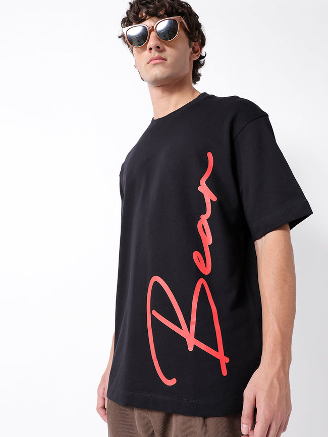 Men Black Cotton Printed Polo T-Shirt