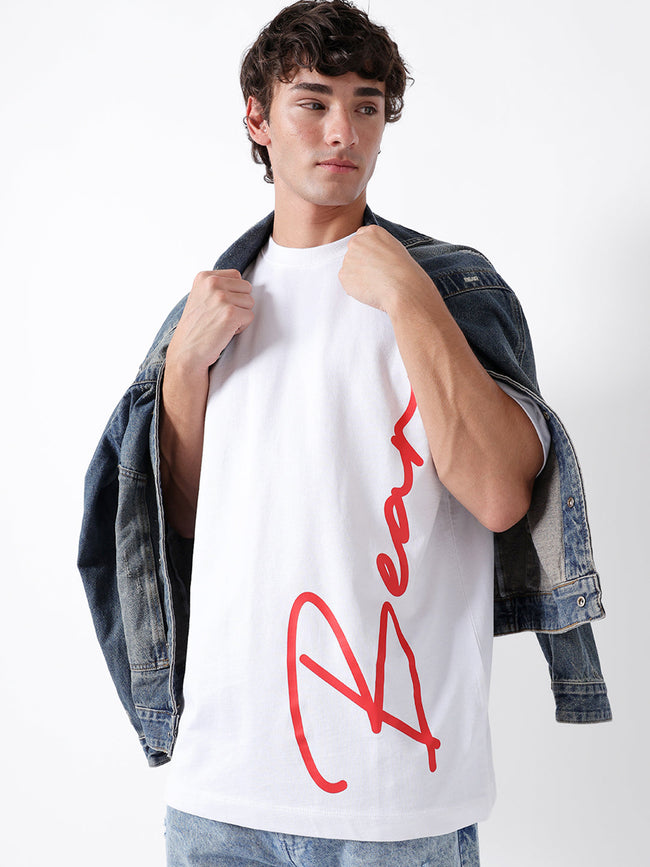 Men White Cotton Printed Polo T-Shirt