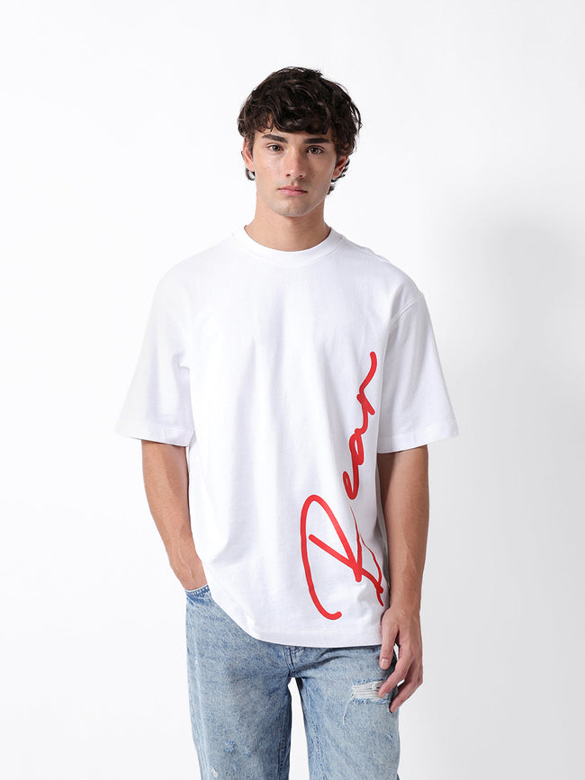 Men White Cotton Printed Polo T-Shirt