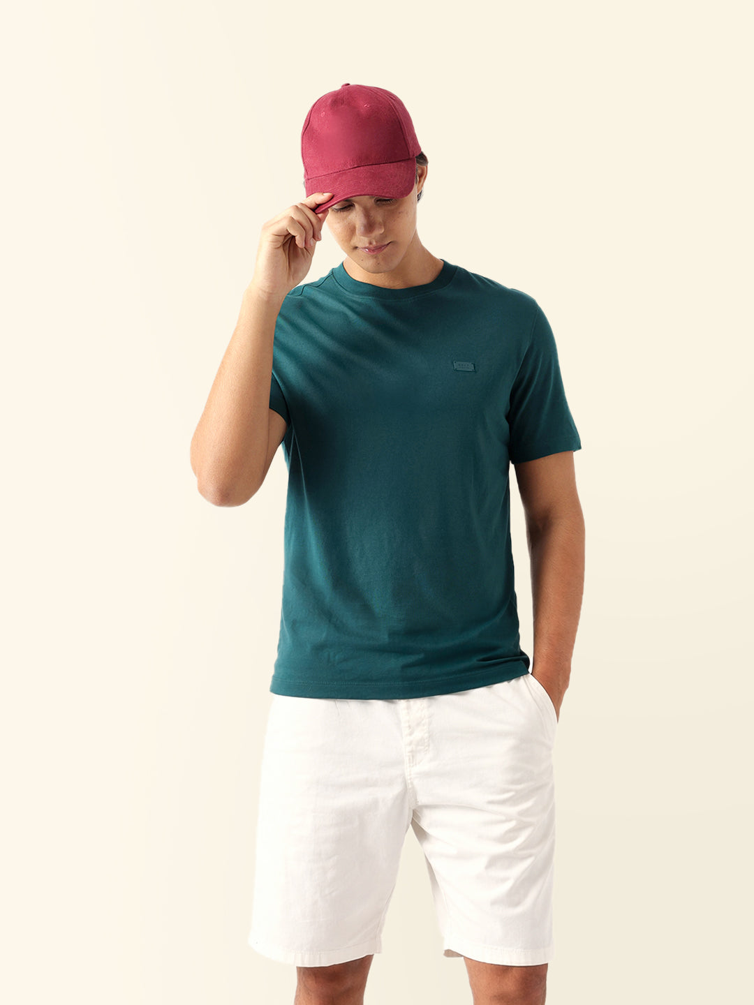 Men Green Solid Cotton T-Shirt