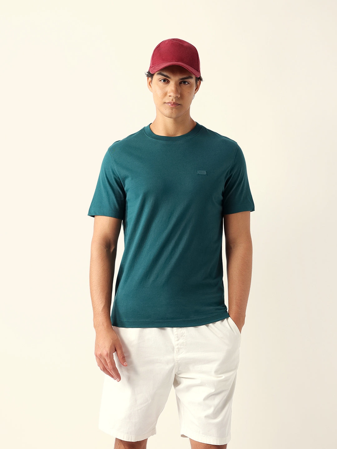 Men Green Solid Cotton T-Shirt