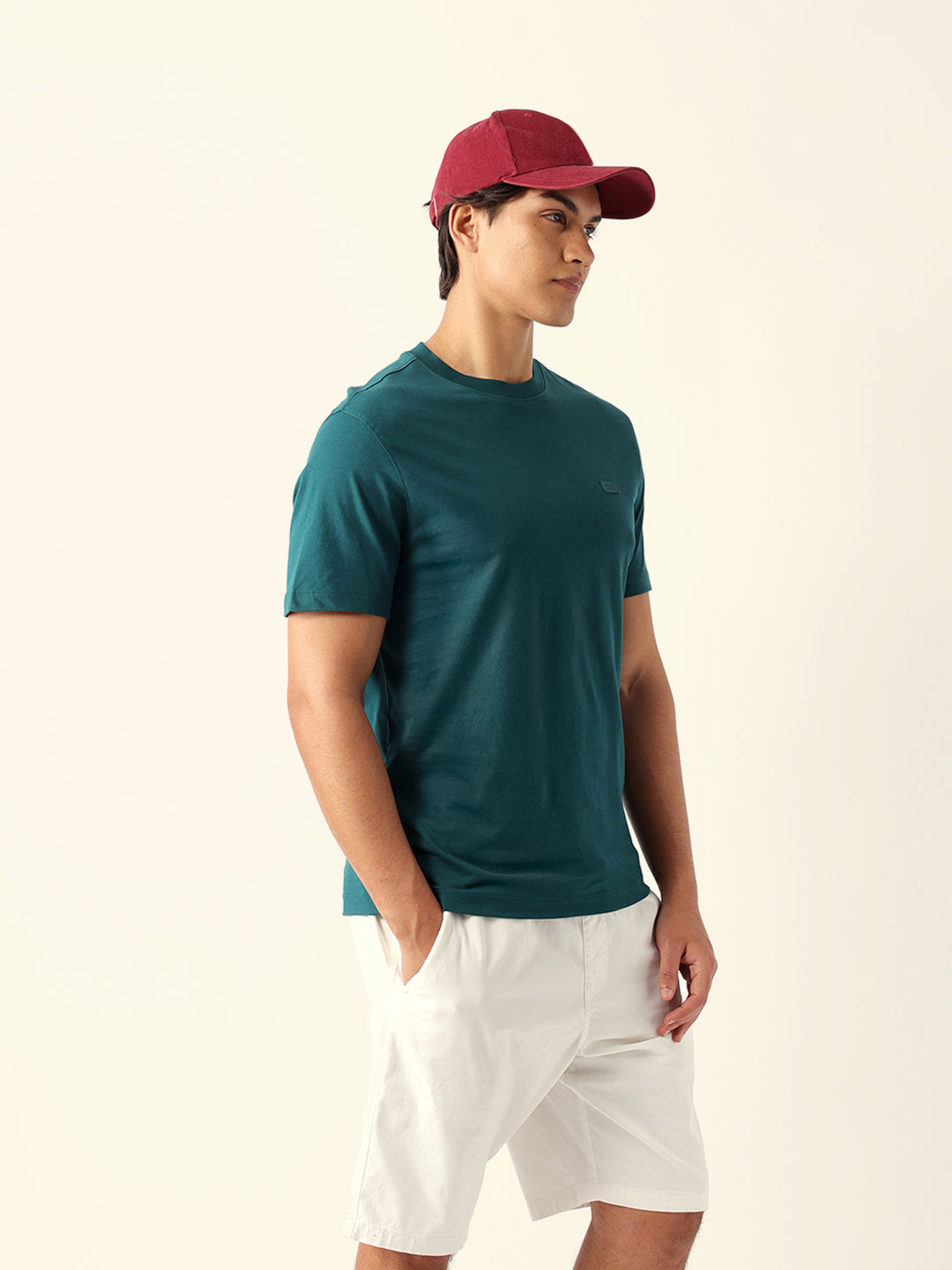 Men Green Solid Cotton T-Shirt