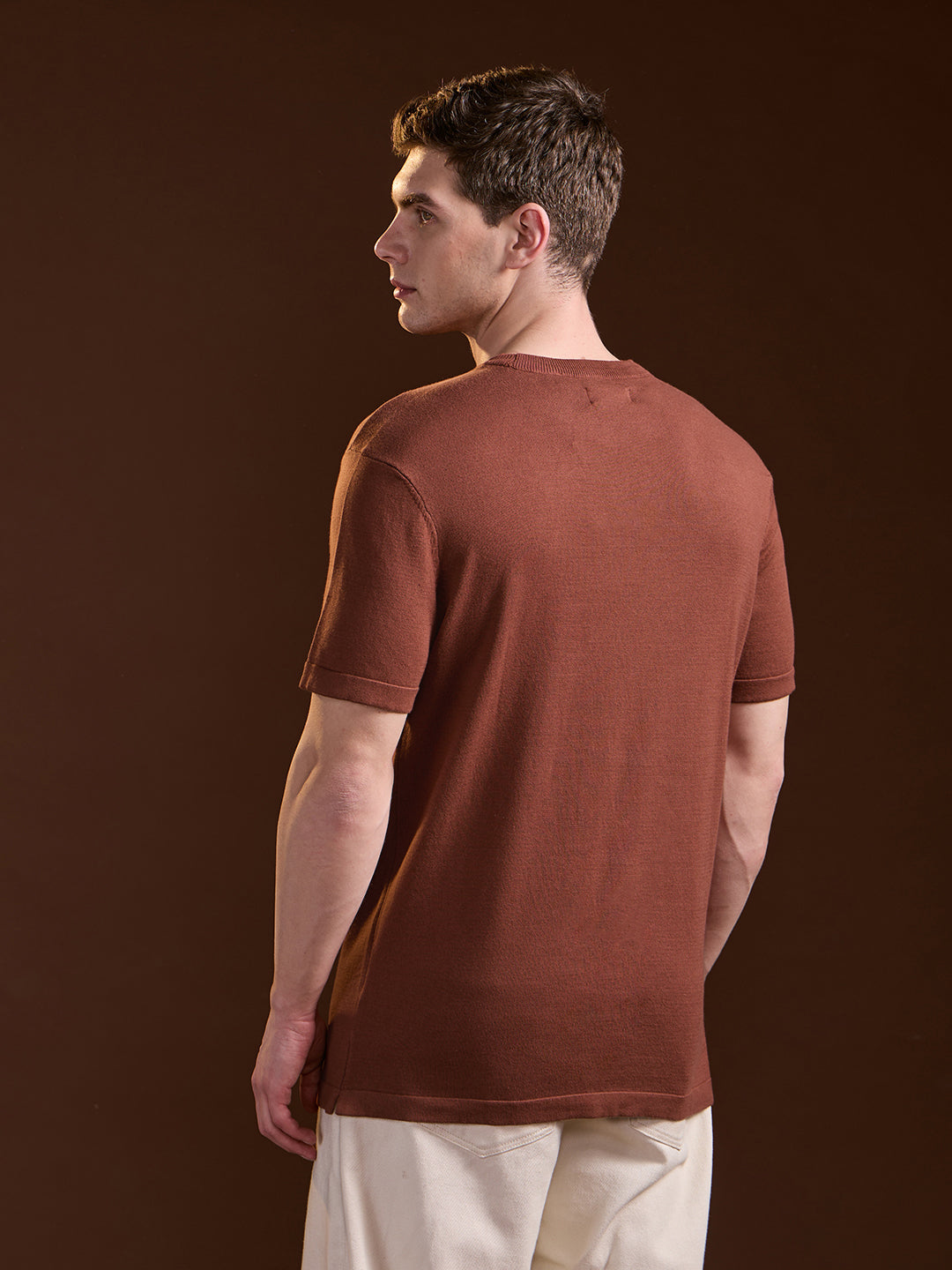 Men Rust Solid Regular Fit Ribbed Crew Neck T-shirt