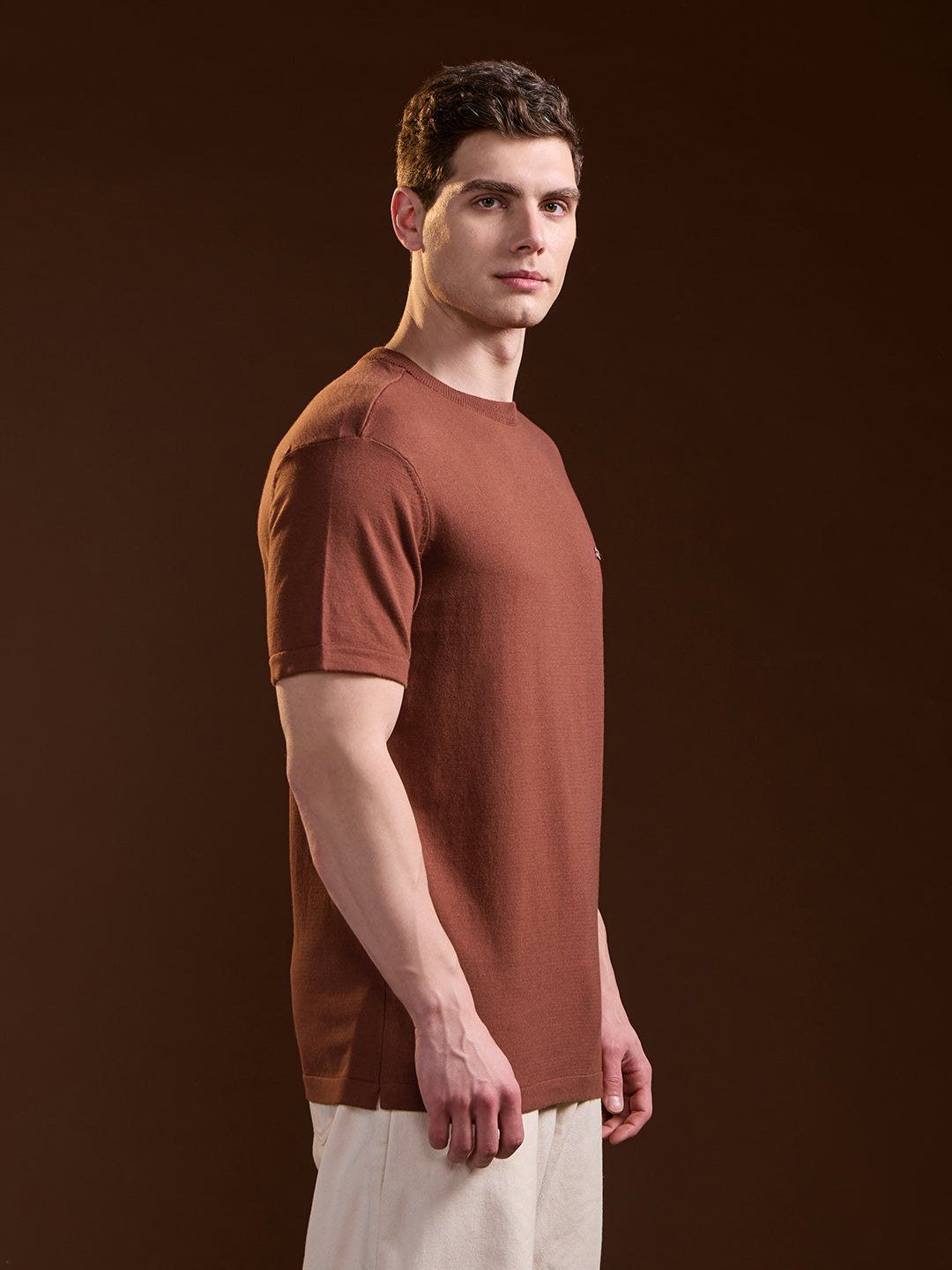 Men Rust Solid Regular Fit Ribbed Crew Neck T-shirt