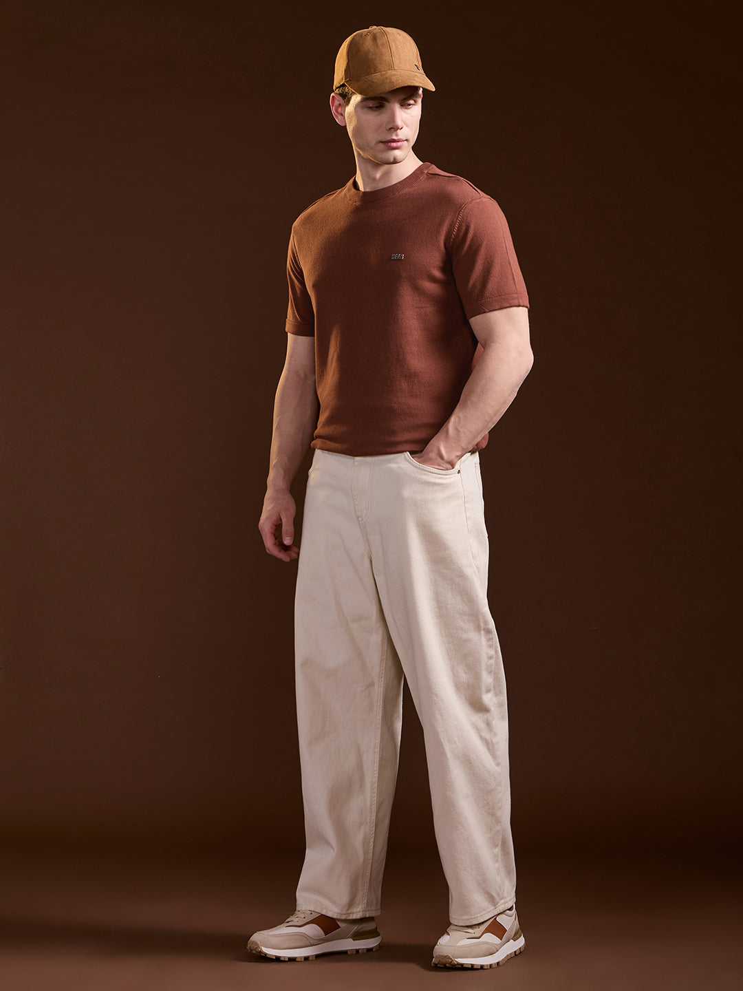 Men Rust Solid Regular Fit Ribbed Crew Neck T-shirt