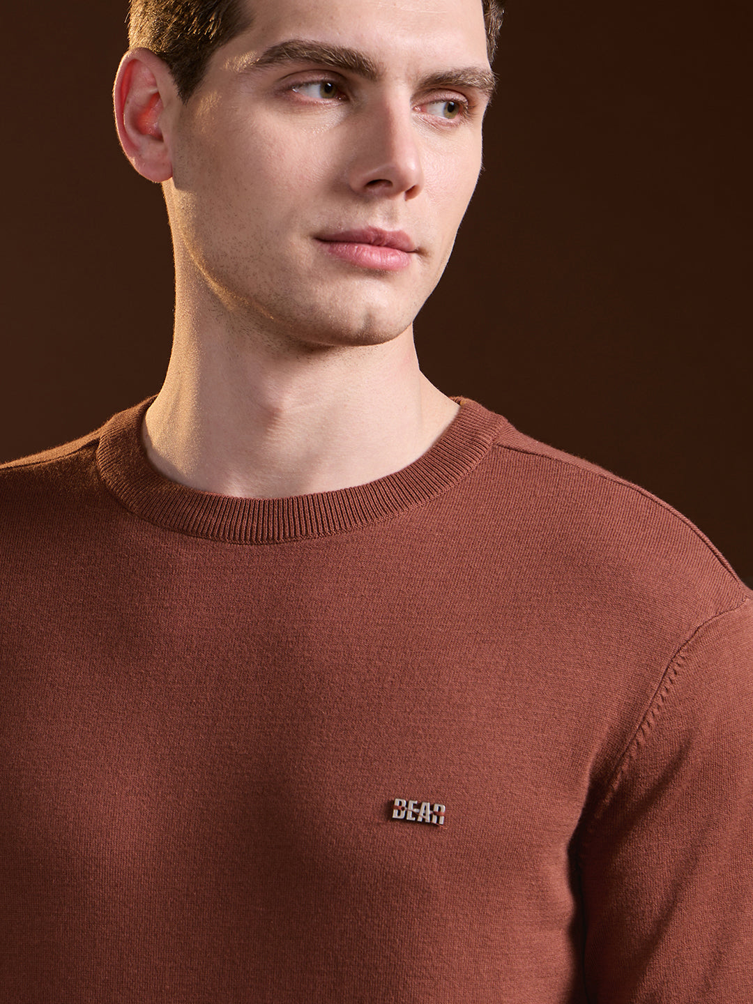 Men Rust Solid Regular Fit Ribbed Crew Neck T-shirt