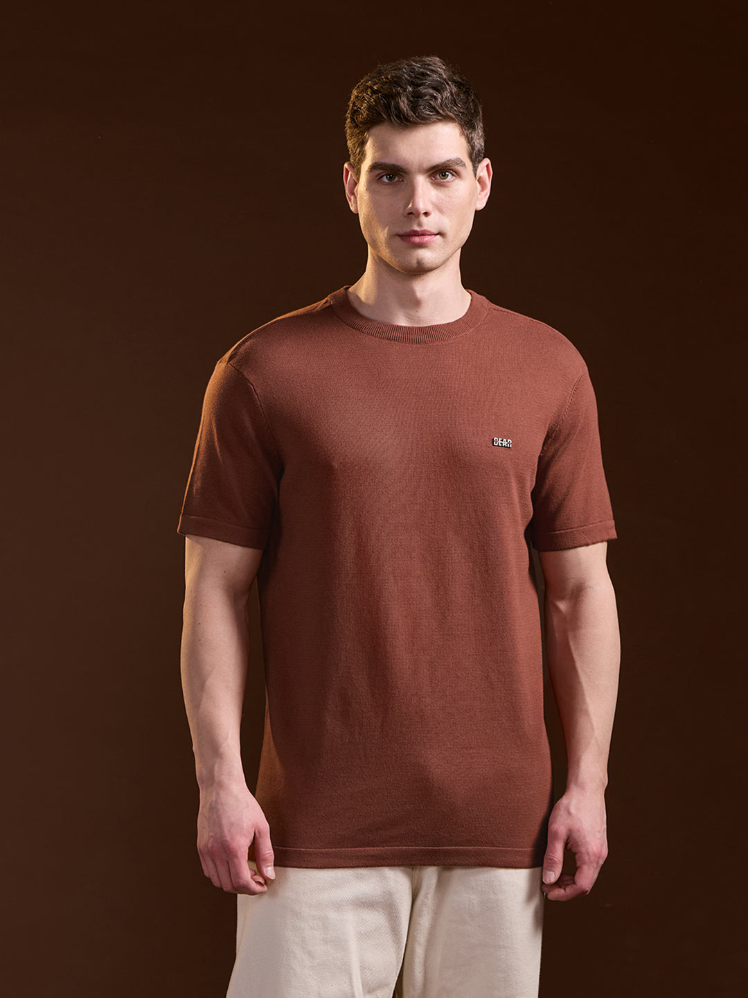 Men Rust Solid Regular Fit Ribbed Crew Neck T-shirt