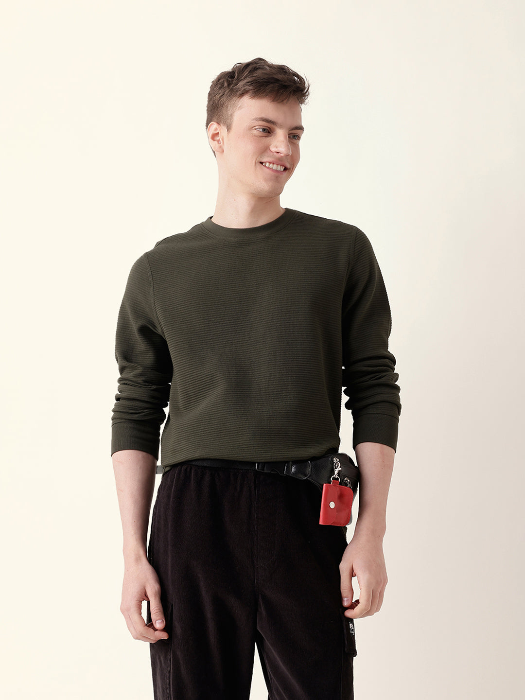 Men Olive Full Sleeve Regular T-Shirt