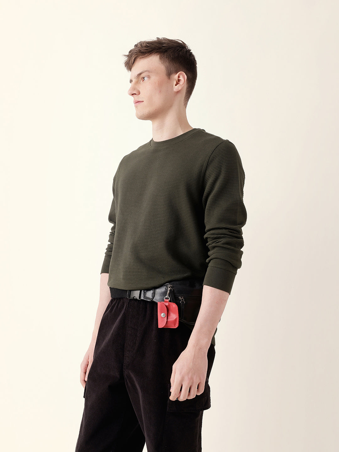 Men Olive Full Sleeve Regular T-Shirt