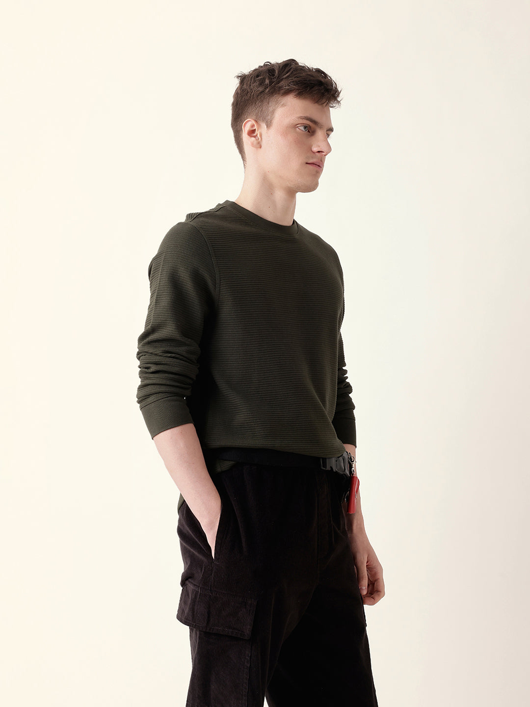 Men Olive Full Sleeve Regular T-Shirt
