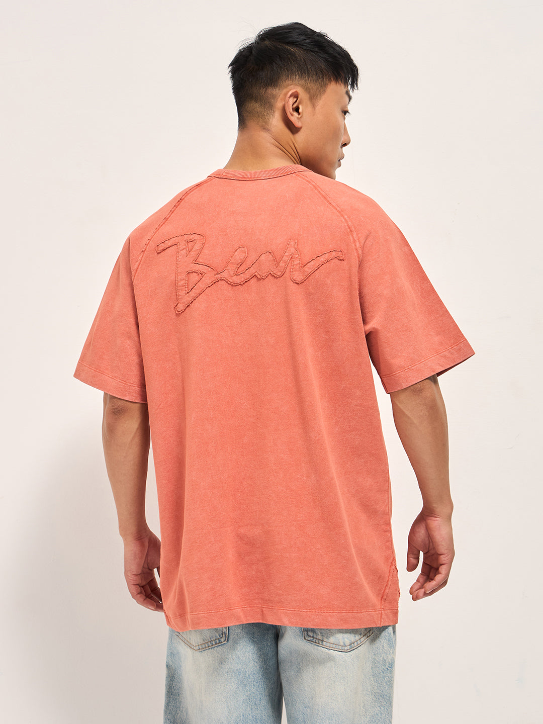 Men Orange Acid Wash Oversized T-Shirt