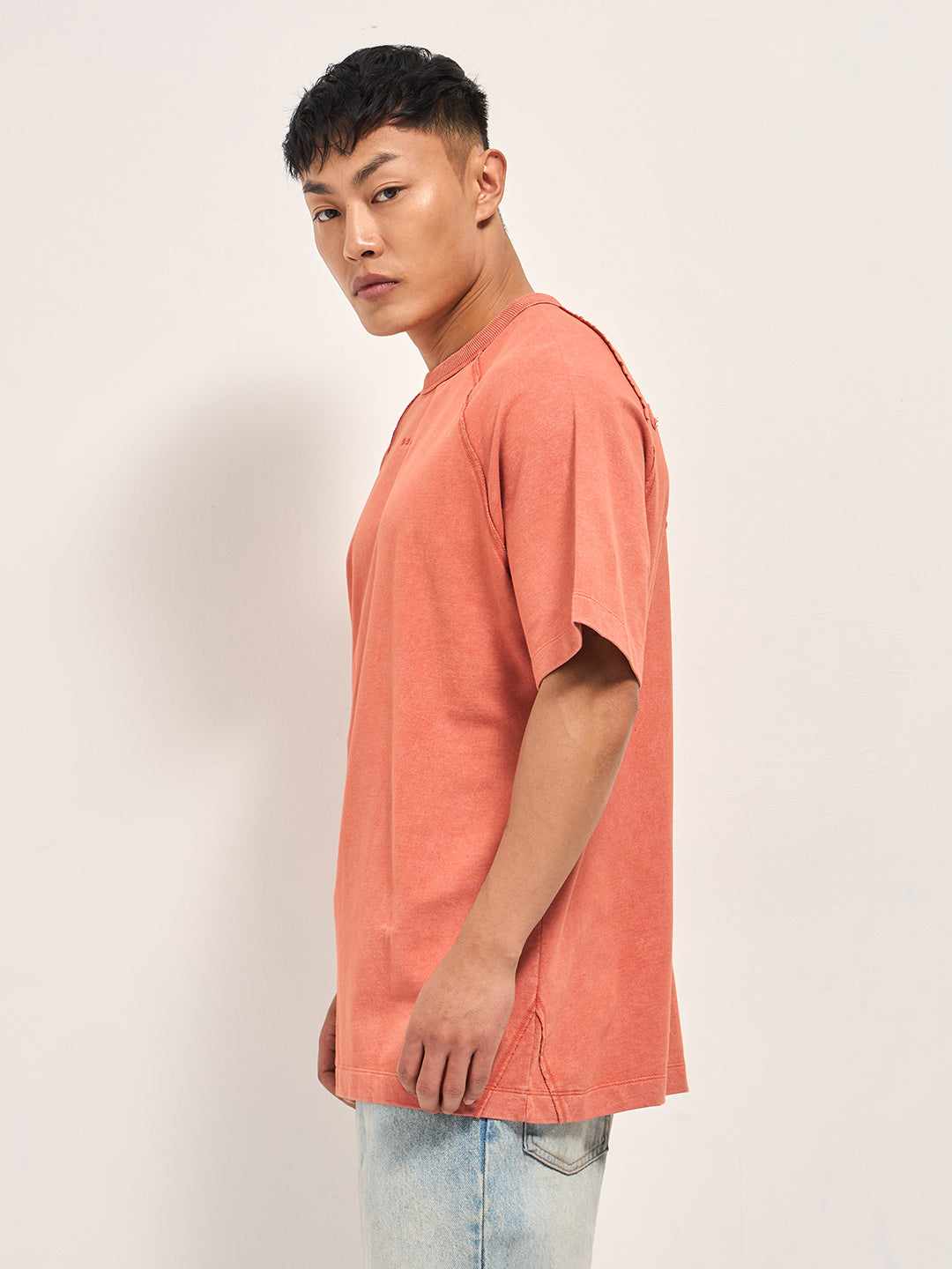 Men Orange Acid Wash Oversized T-Shirt