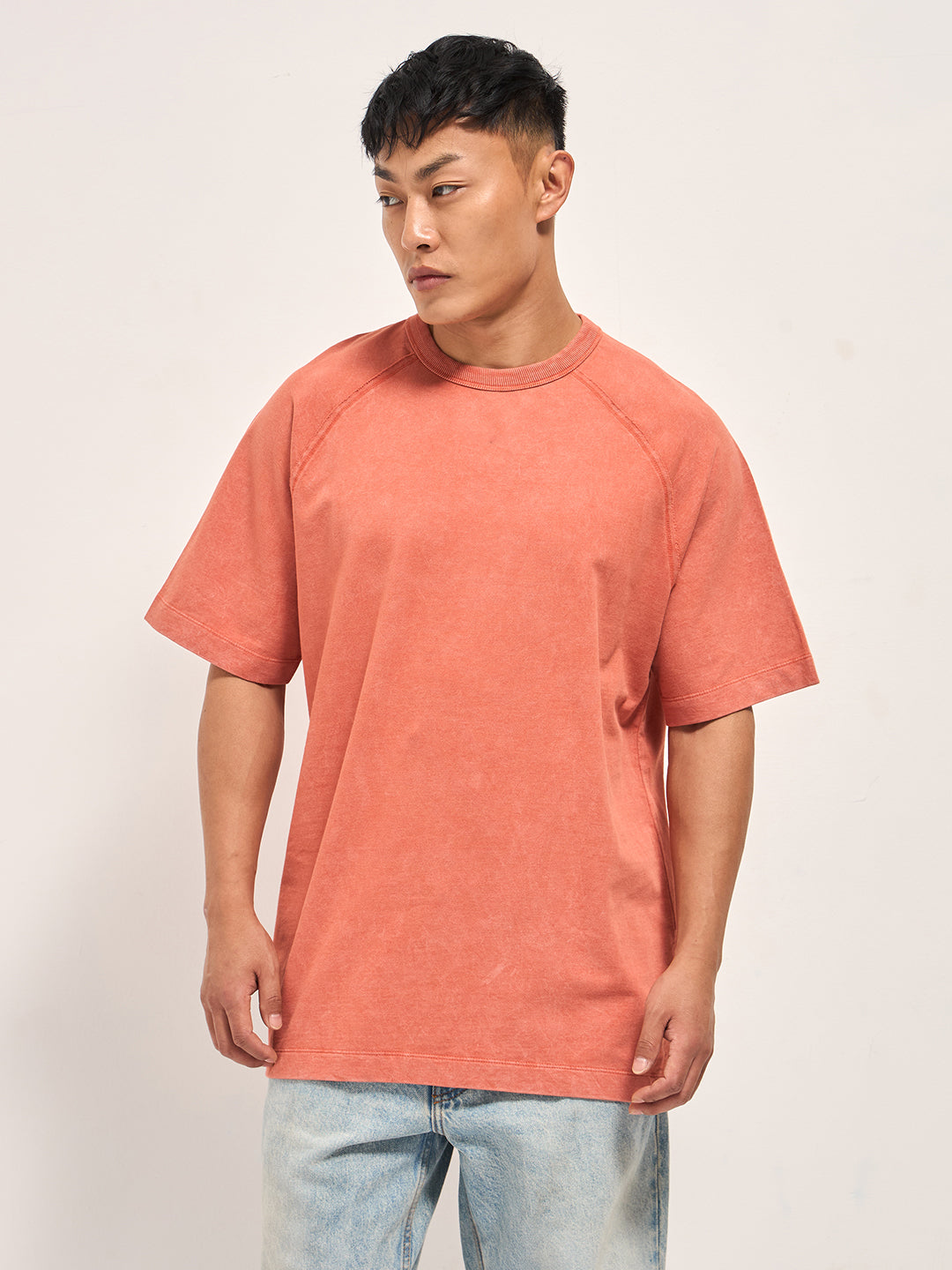 Men Orange Acid Wash Oversized T-Shirt