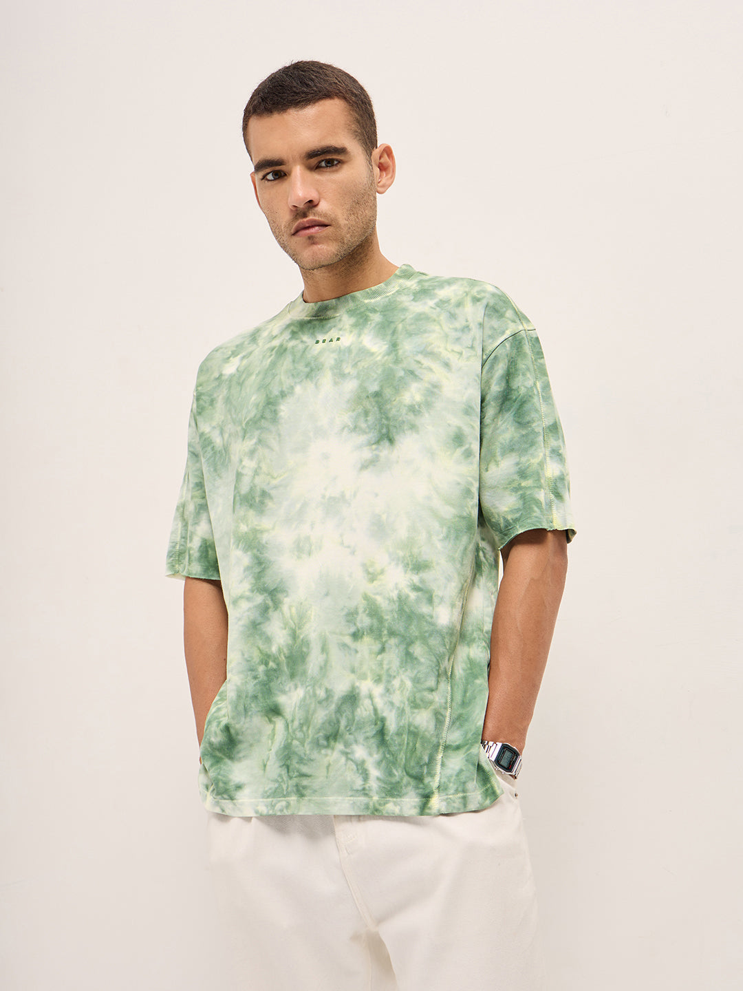 Men Green Tie-Dye Oversize Crew Neck T-shirt