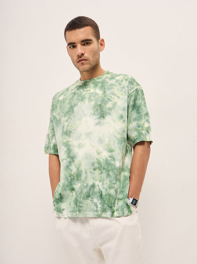 Men Green Tie-Dye Oversize Crew Neck T-shirt