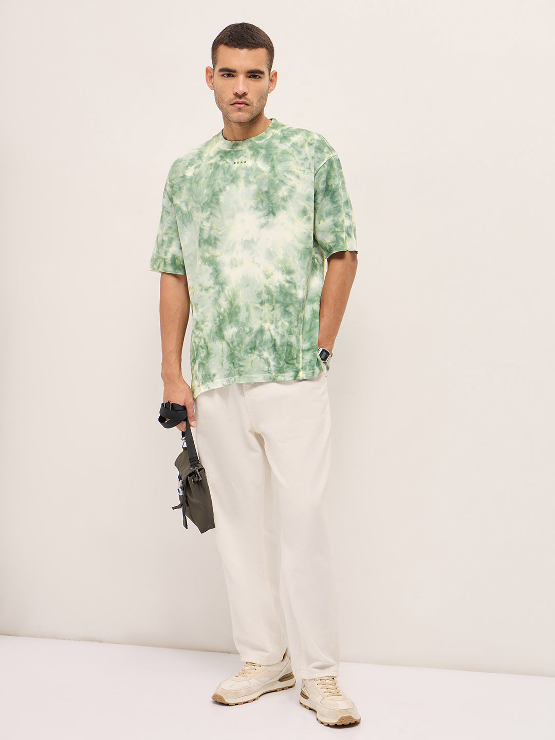 Men Green Tie-Dye Oversize Crew Neck T-shirt