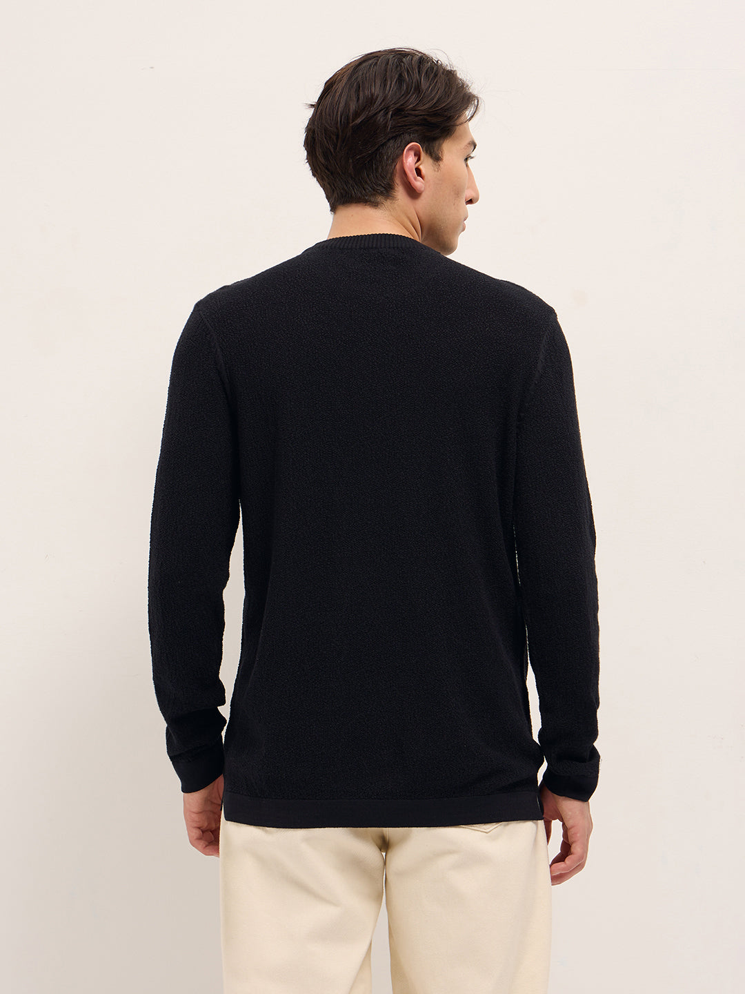 Men Black Regular Fit Full Sleeve Flat Knit T-Shirt