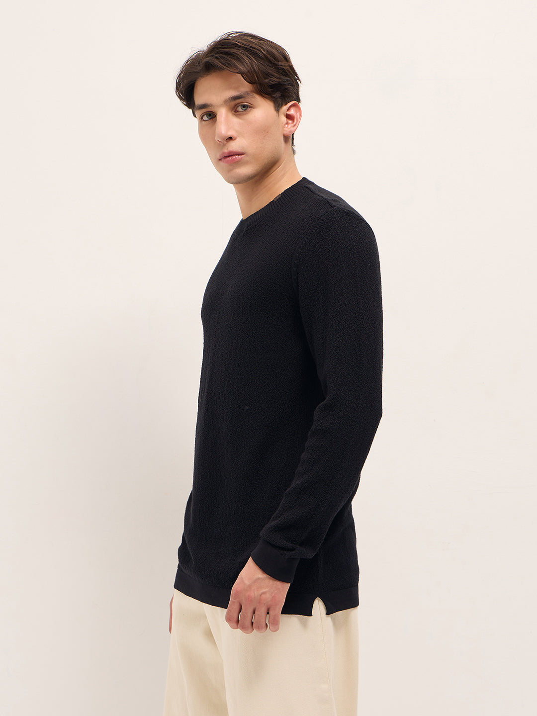 Men Black Regular Fit Full Sleeve Flat Knit T-Shirt