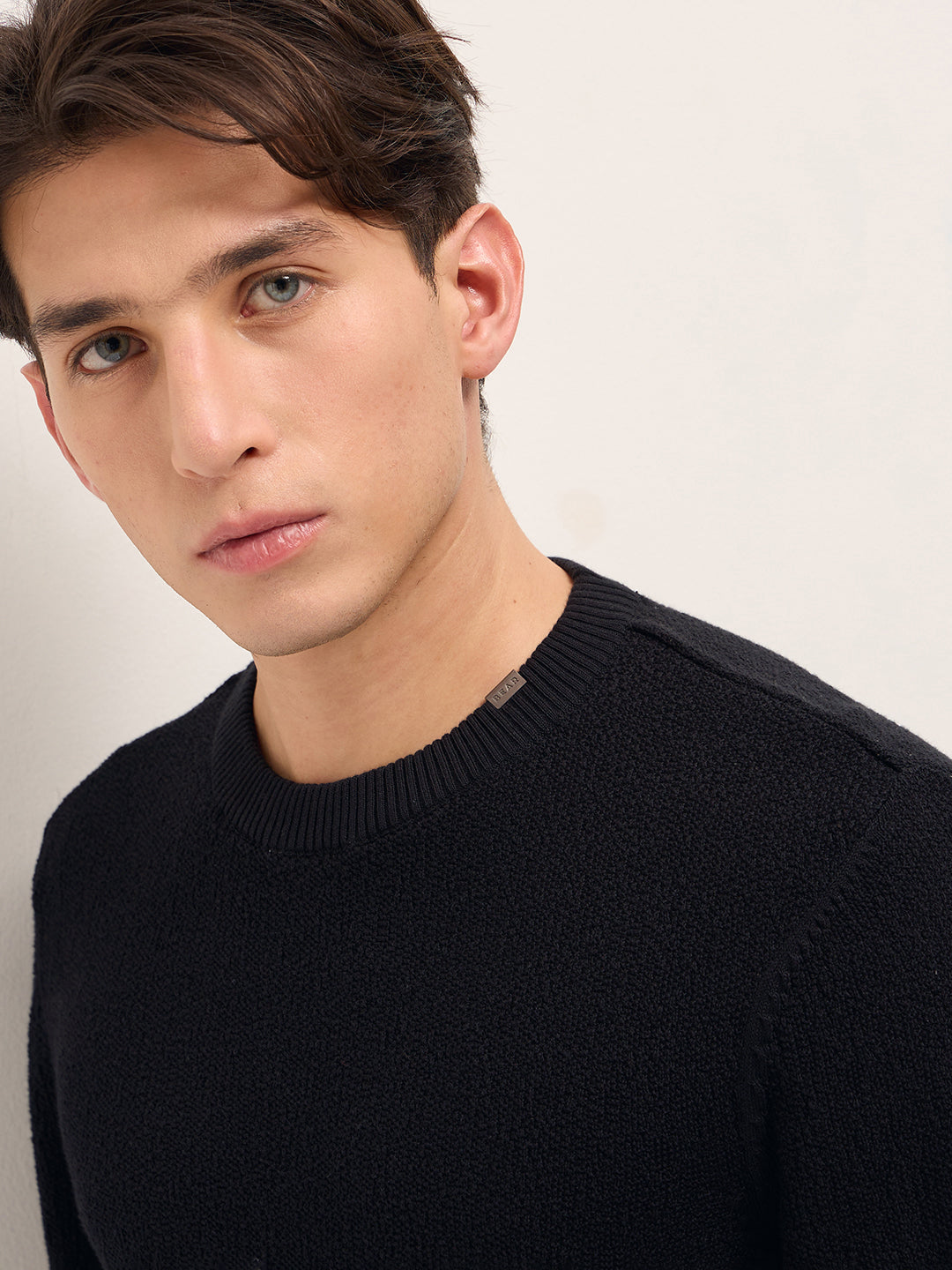 Men Black Regular Fit Full Sleeve Flat Knit T-Shirt