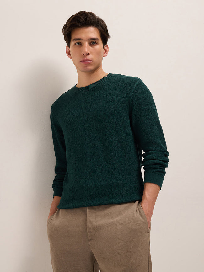 Men Green Regular Fit Full Sleeve Flat Knit T-Shirt