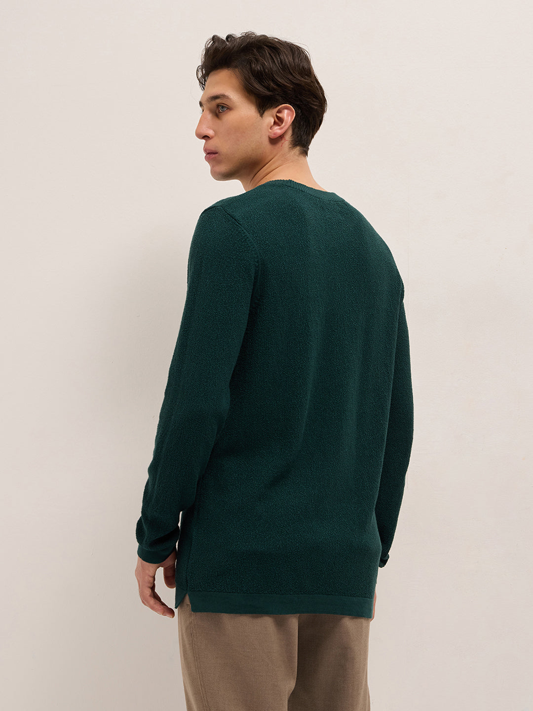 Men Green Regular Fit Full Sleeve Flat Knit T-Shirt