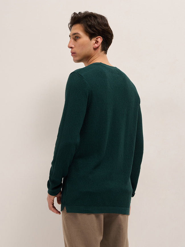 Men Green Regular Fit Full Sleeve Flat Knit T-Shirt