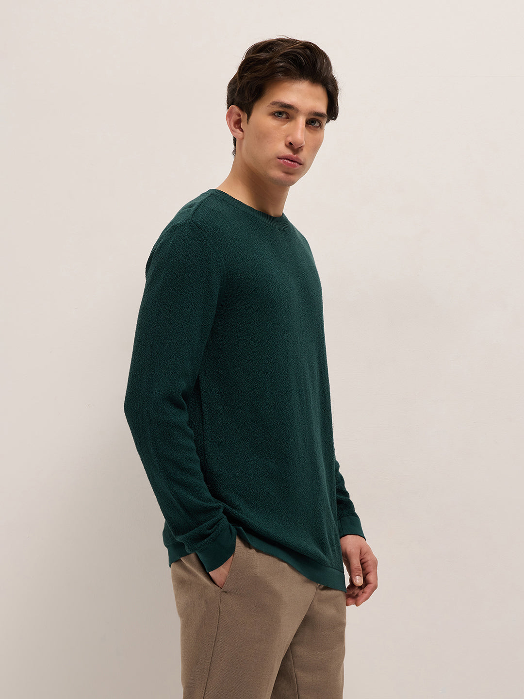 Men Green Regular Fit Full Sleeve Flat Knit T-Shirt