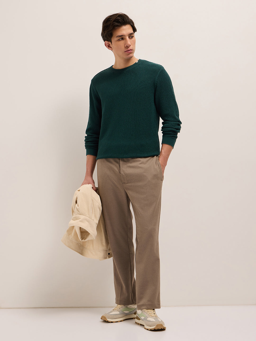 Men Green Regular Fit Full Sleeve Flat Knit T-Shirt