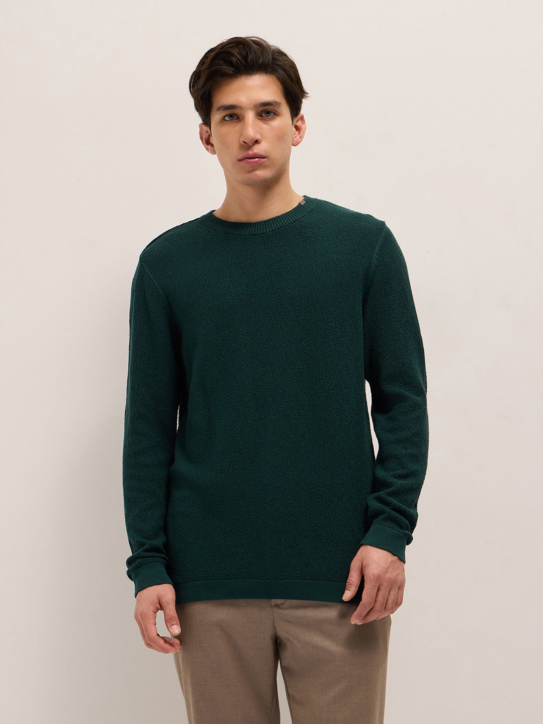 Men Green Regular Fit Full Sleeve Flat Knit T-Shirt