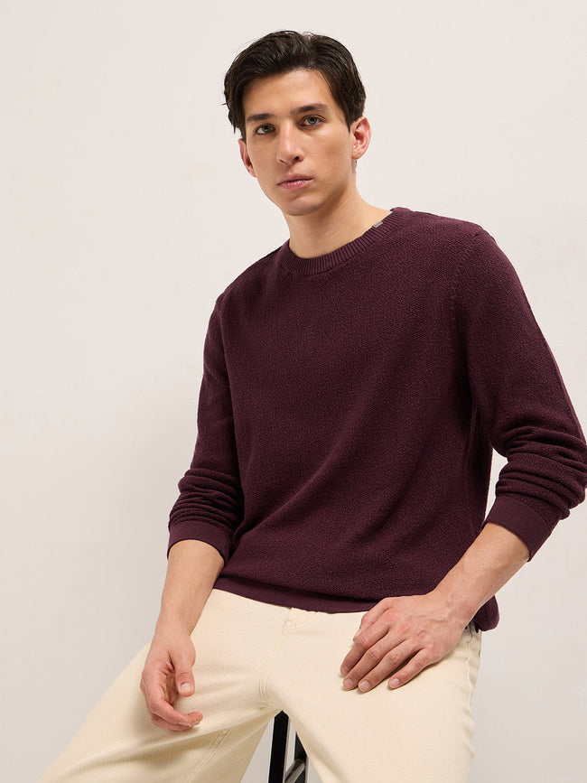 Men Maroon Regular Fit Full Sleeve Flat Knit T-Shirt