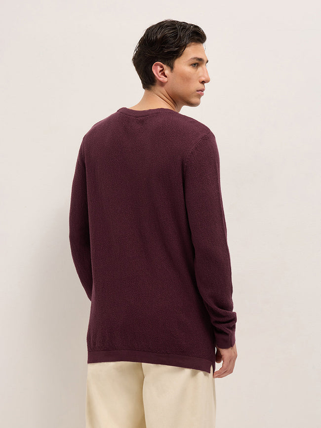 Men Maroon Regular Fit Full Sleeve Flat Knit T-Shirt