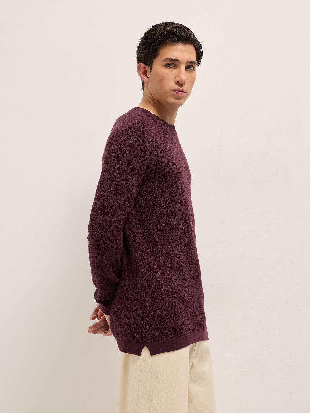 Men Maroon Regular Fit Full Sleeve Flat Knit T-Shirt