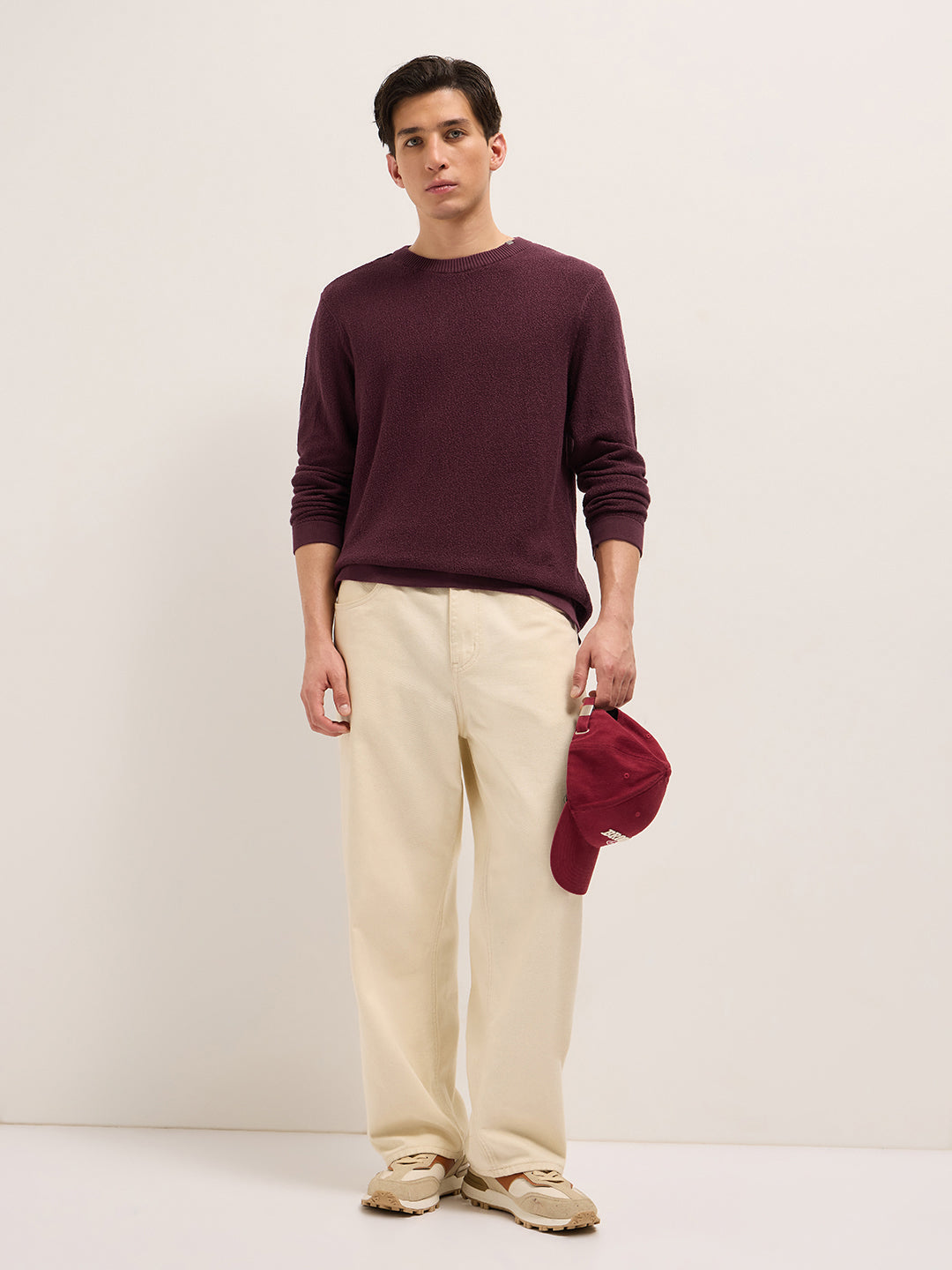 Men Maroon Regular Fit Full Sleeve Flat Knit T-Shirt
